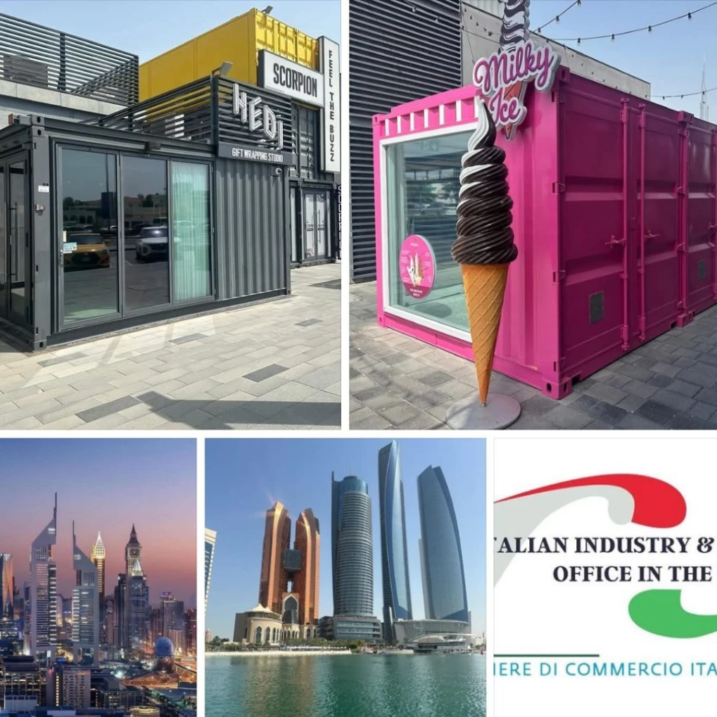 Modulo commerciale colorato installato in area urbana negli Emirati Arabi