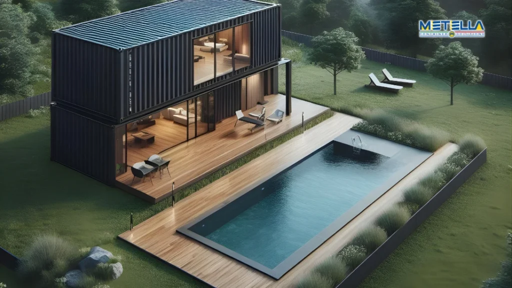 Piscina container installata in giardino con terrazza in legno