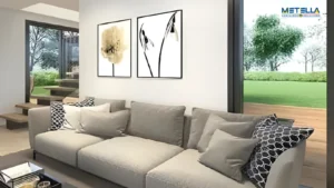 Zona giorno di modulo abitativo prefabbricato con design moderno