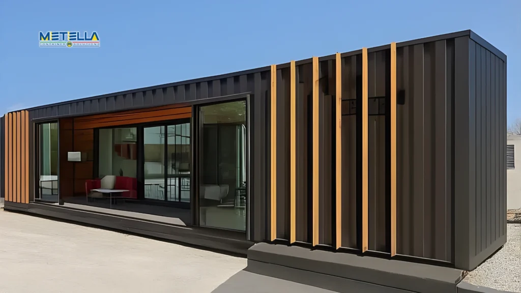 Container Abitativo da 12 metri con rifiniture in legno e verniciatura marrone.