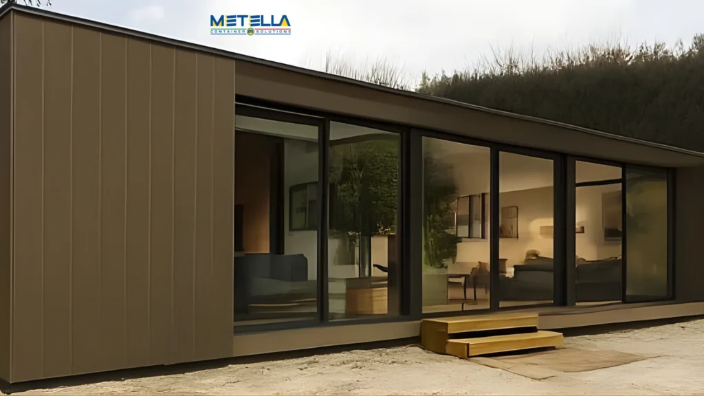 Modulo abitativo moderno con rifiniture in legno e ampie vetrate