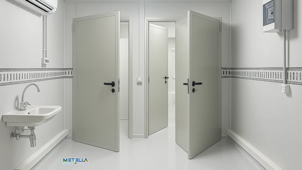 Interno di laboratorio modulare con porte e spazi separati