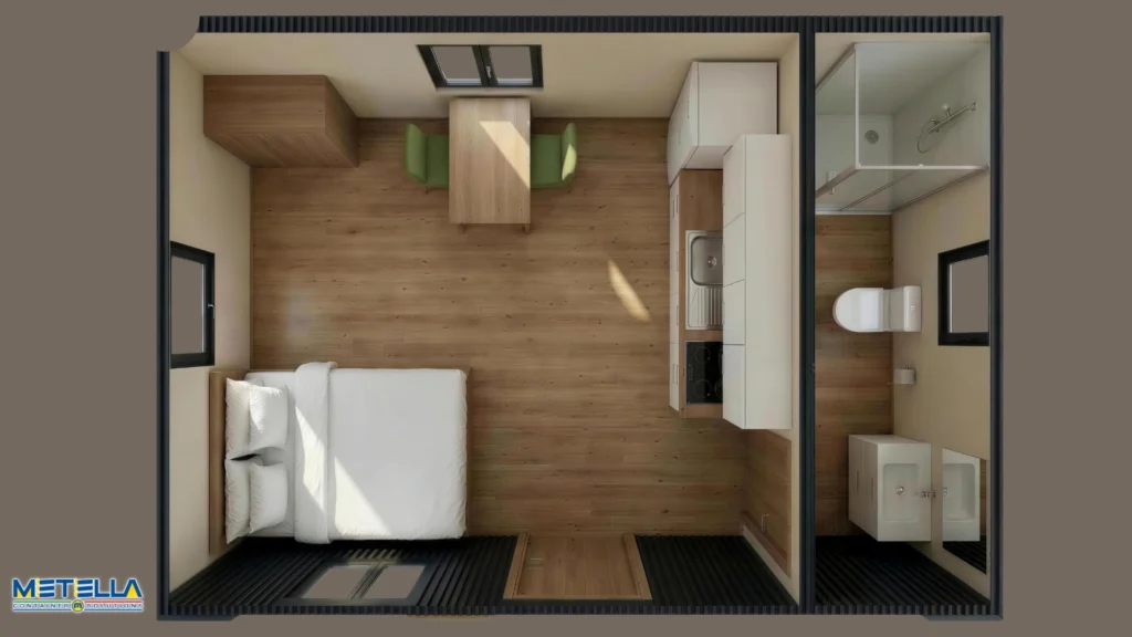 Interno di container abitativo con spazi luminosi e finiture curate