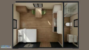 Interno di container abitativo con spazi luminosi e finiture curate