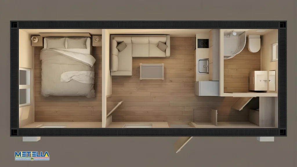 Interno di container abitativo 8 metri con spazi luminosi e finiture curate