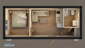 Interno di container abitativo 8 metri con spazi luminosi e finiture curate