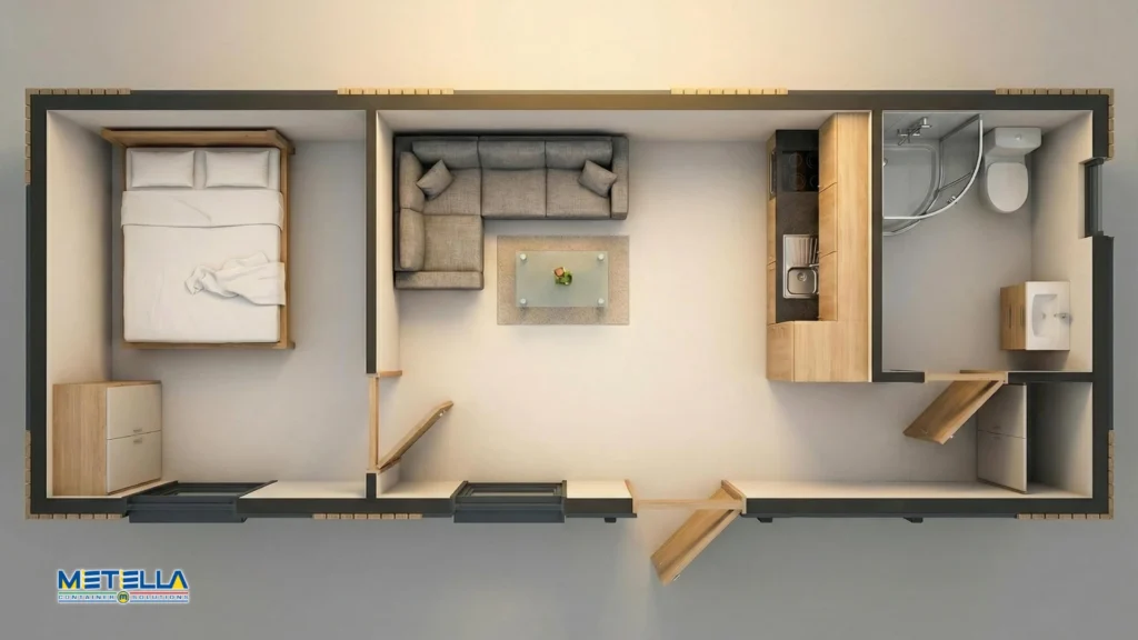 Interno di container abitativo da 9 metri con spazi luminosi e finiture curate