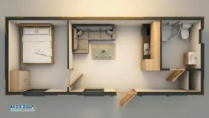 Interno di container abitativo da 9 metri con spazi luminosi e finiture curate