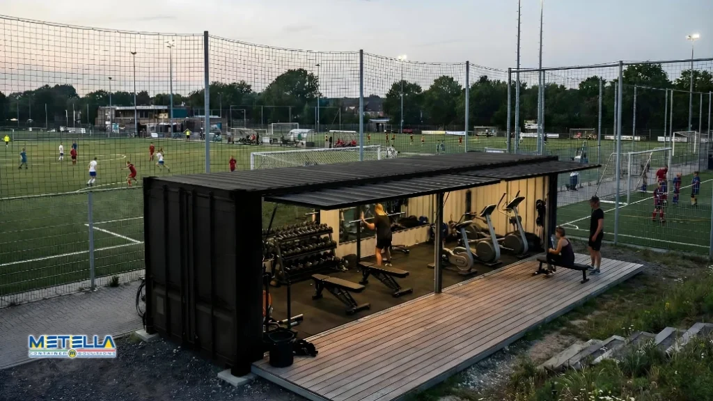 Palestra modulare realizzata con container posizionata all’interno di un impianto sportivo