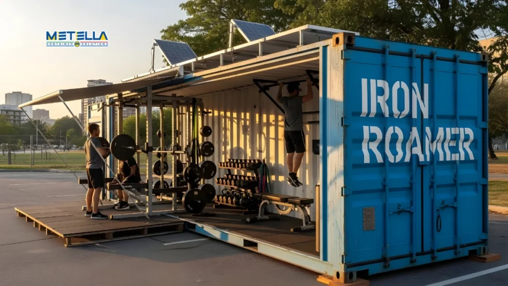 Palestra modulare in container aperto con attrezzature per allenamento all’aperto
