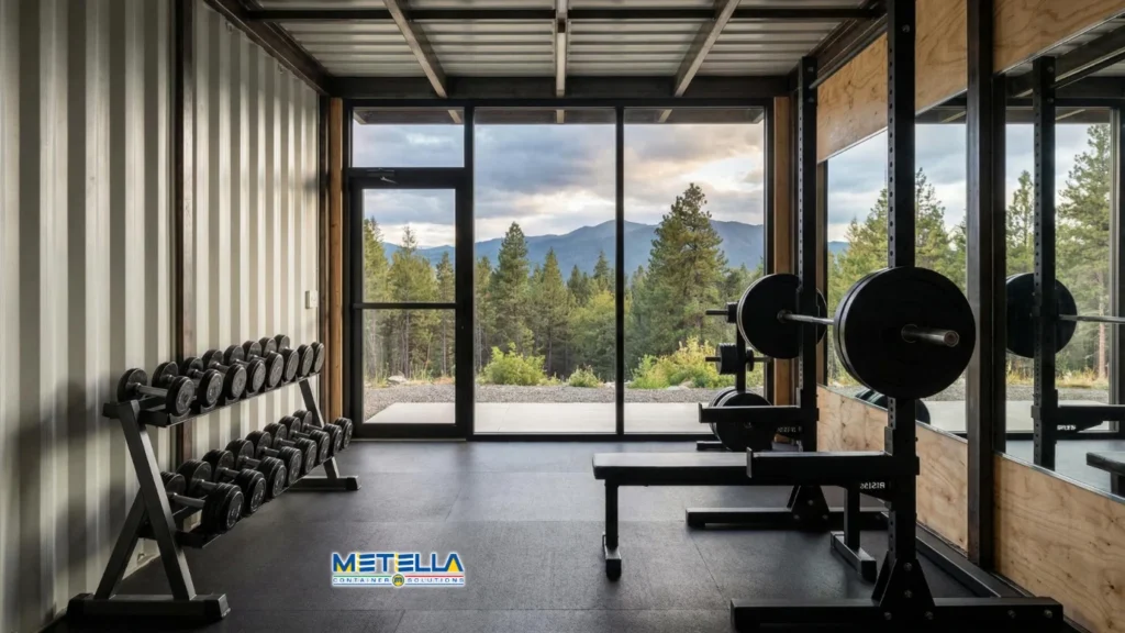 Spazio fitness all’interno di container palestra inserito in contesto naturale