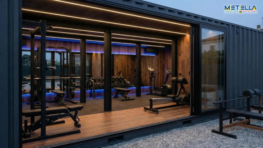 Interno di palestra container con illuminazione LED e attrezzature per allenamento completo