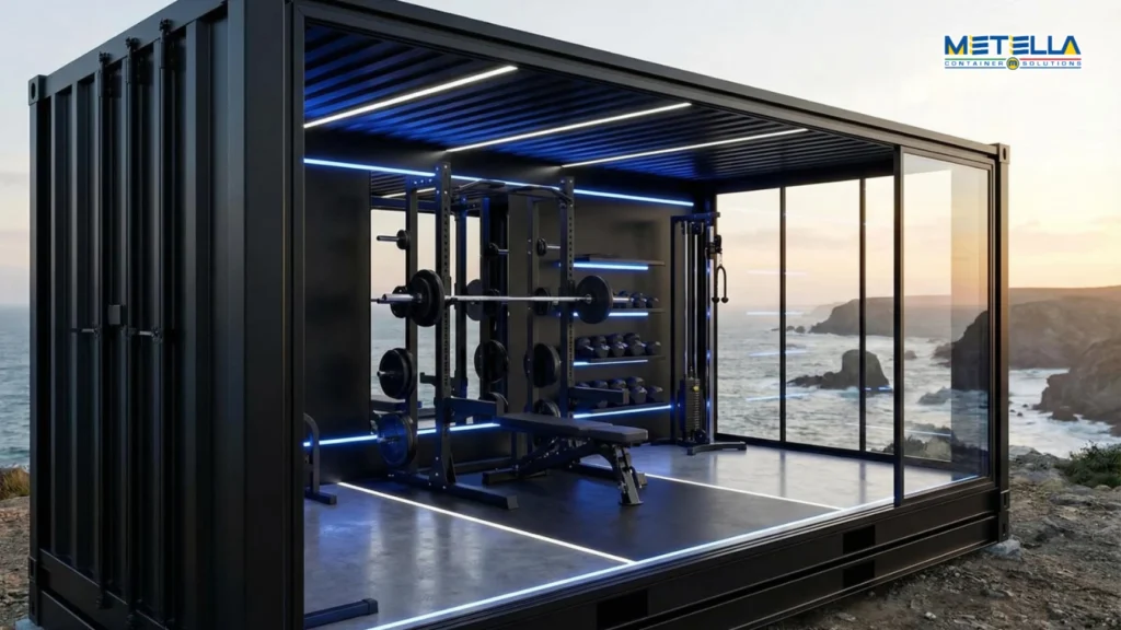 Modulo palestra prefabbricato con struttura in acciaio e attrezzature professionali