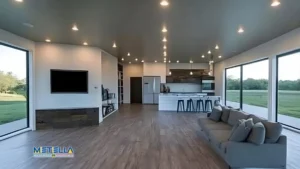 Interno di un modulo abitativo con spazi luminosi e finiture curate