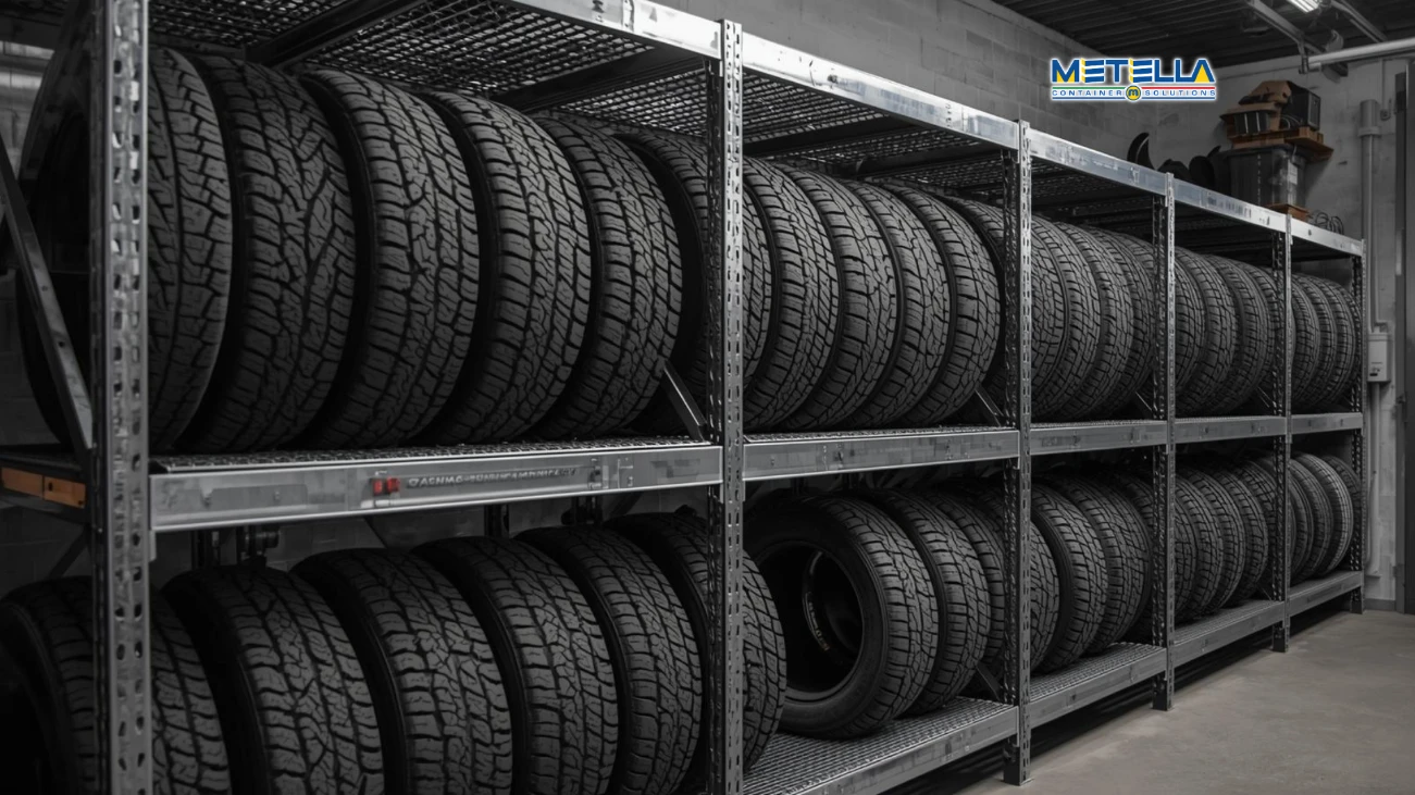 Scaffalature interne di container officina utilizzate per stoccaggio pneumatici