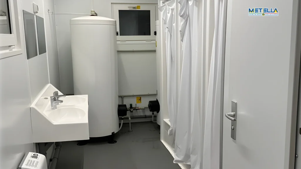 Interno di modulo spogliatoio con area docce e tende divisorie