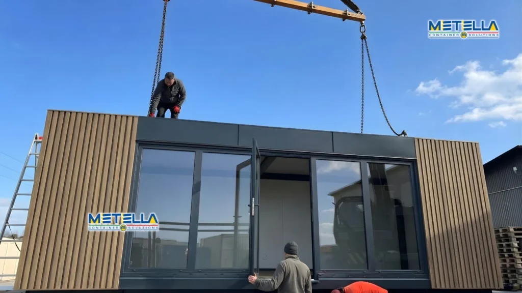 Installazione di ufficio modulare tramite gru durante la fase di posizionamento