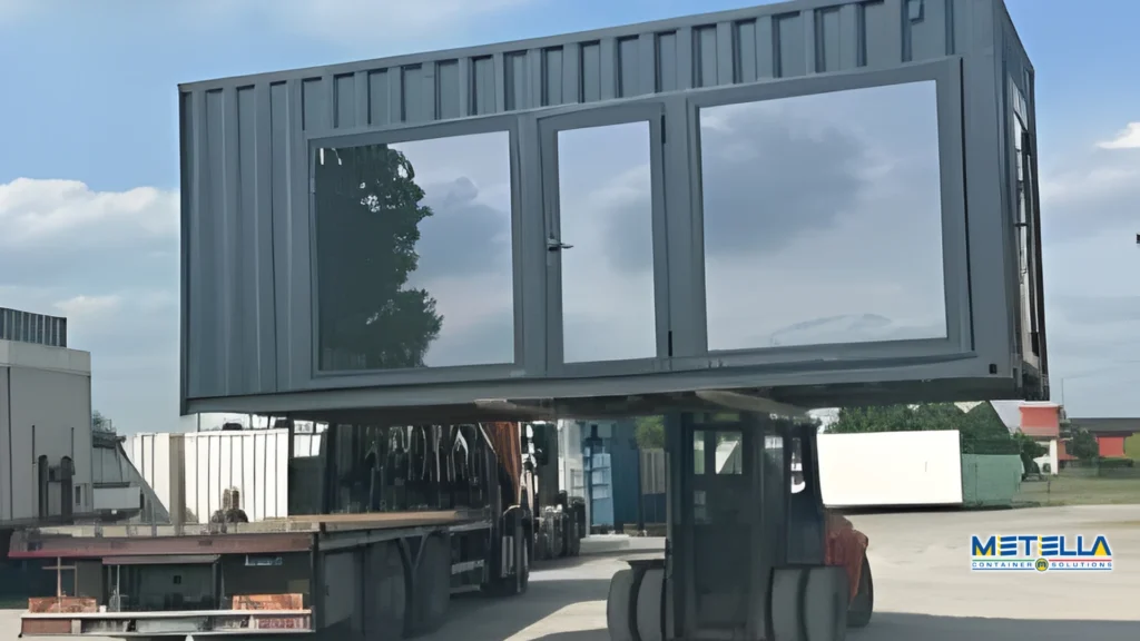 Dettaglio esterno di ufficio modulare con finestre scorrevoli