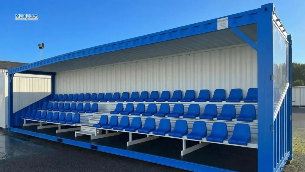Container modulare prefabbricata di colore blu per eventi sportivi