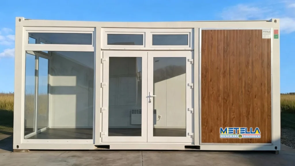 Ingresso di ufficio modulare con porte vetrate e luce naturale