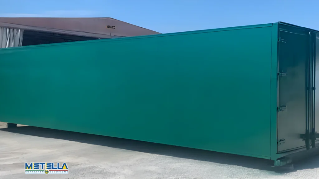 Container magazzino di colore verde installato in area esterna