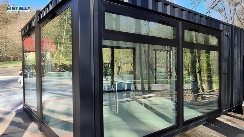 Dettaglio angolare di modulo vetrato con struttura metallica