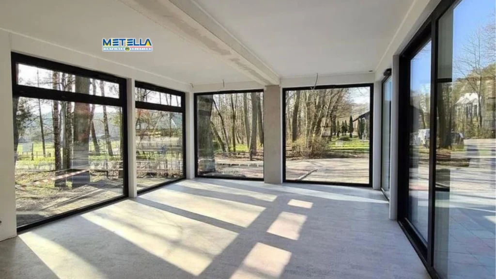 Interno di modulo vetrato con ampie vetrate e luce naturale