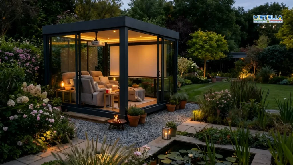 Dehors usato come home theater con proiettore, schermo e poltrone da cinema all'interno di un giardino privato