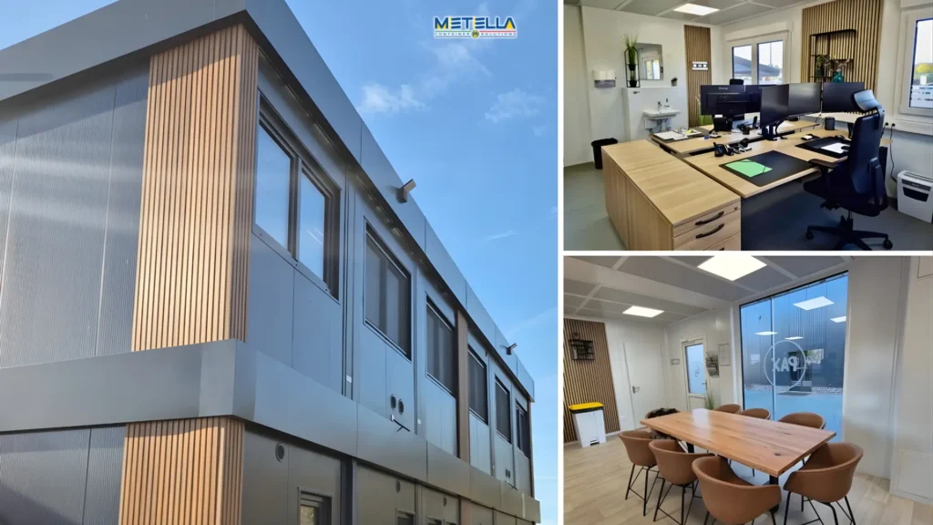 Studentato modulare in container con facciata grigia e dettagli in legno, interni luminosi con uffici arredati, scrivanie e sala riunioni moderna.