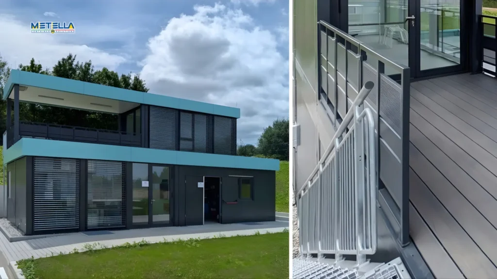 Studentato modulare su due livelli con esterni in tonalità grigio-azzurro, ampie finestre e balcone al primo piano