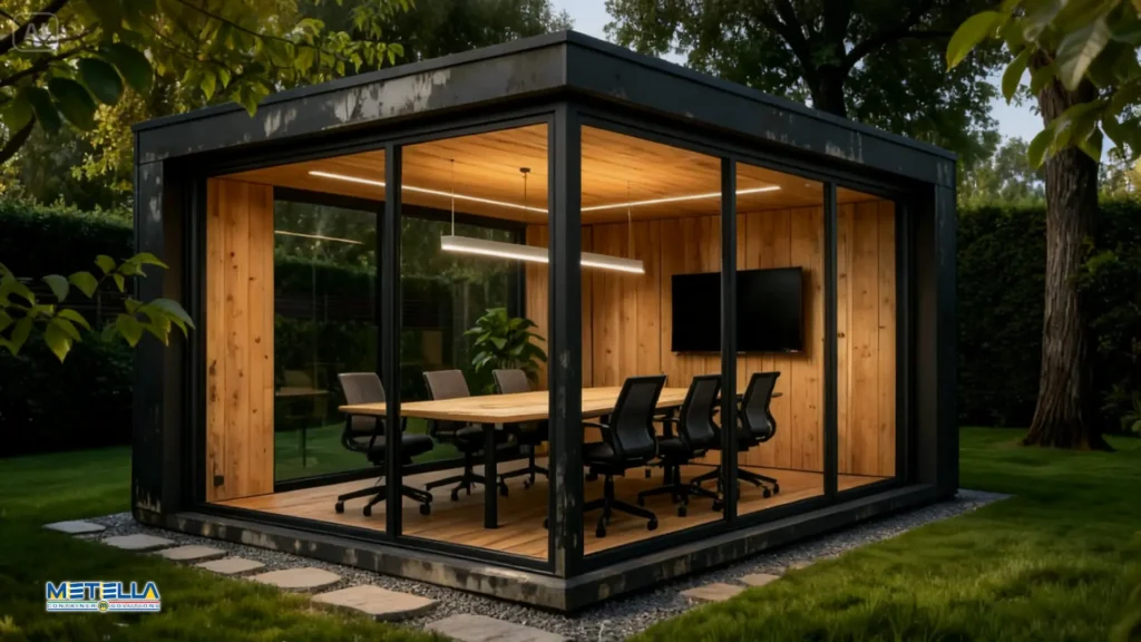 Dehors adoperato come ufficio ed usato come sala riunioni all'interno di uno spazio verde