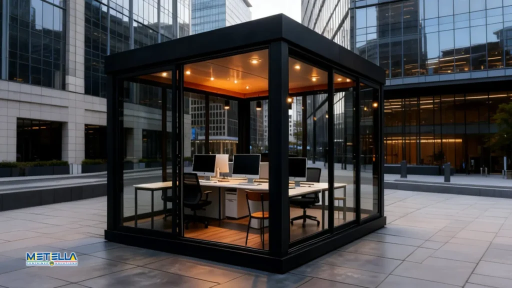 Dehors ufficio all'interno di un centro commerciale, postazione con computer e scrivanie