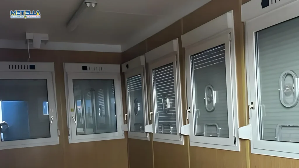 Interni della biglietteria finestrata con quattro zone di acquisto per i consumatori