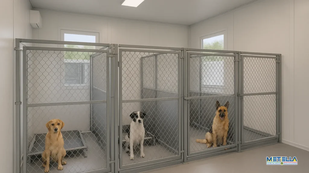 Canile coibentato con gabbie comprensive di ciotola con acqua e ciotola con cibo, ogni gabbia ha il proprio cuscino