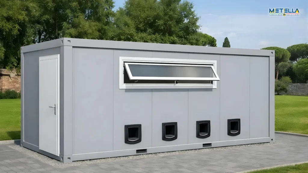 Gattile con porta di ingresso pedonale sul lato corto, ampia finestra d'aerazione e quattro aperture per l'entrata dei gatti all'interno