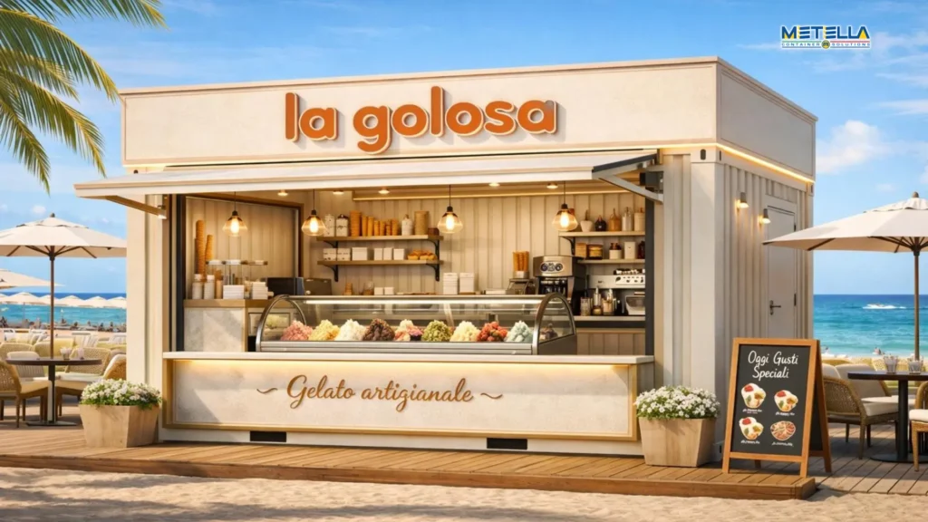 Chiosco gelateria fronte mare brandizzata con logo e scritta gelato artigianale, apertura frontale con gusti gelato in primo piano