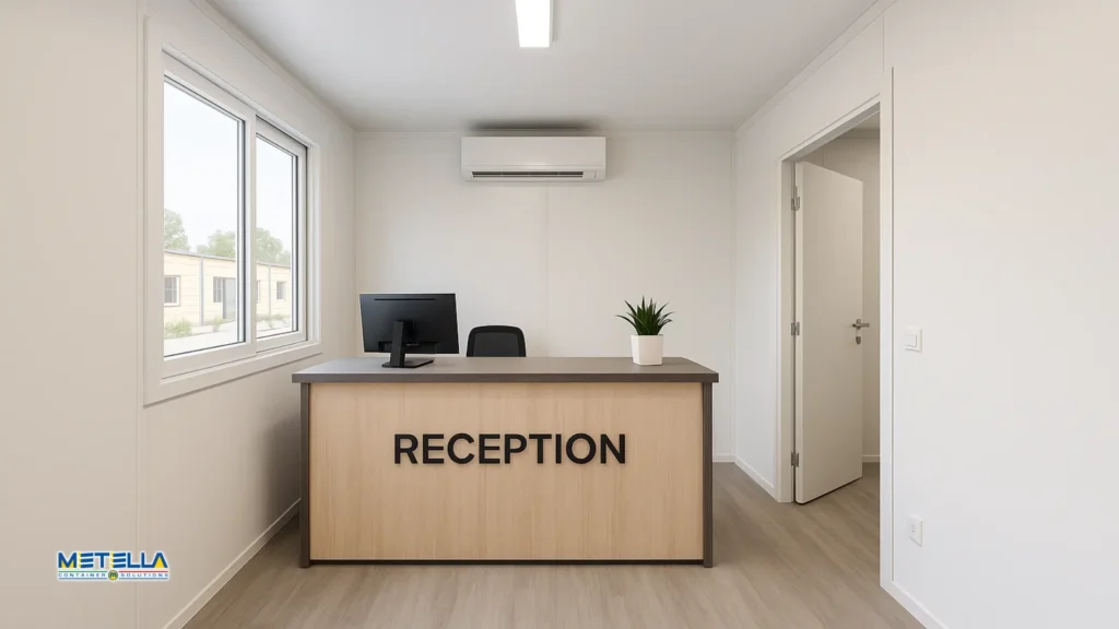 Poliambulatorio veterinario per cani e gatti diviso in zone con zona di entrata con reception e sala di attesa