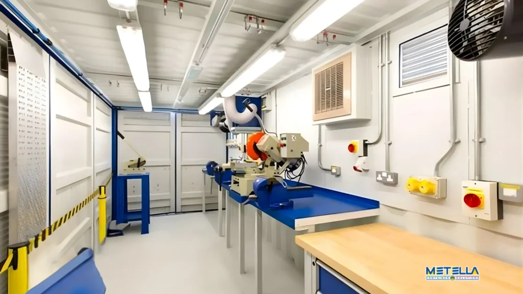 Layout interno del modulo officina container con banchi di lavoro