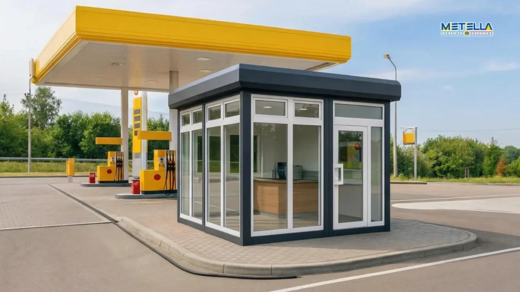 Stazione di servizio con vetrate su tre lati e bancone rifinito in legno per il gestore