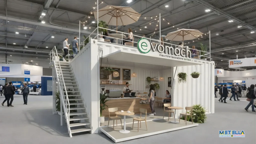 Stand fieristico con terrazza e sala interna ricettiva usufruibile in diversi modi per gli utenti