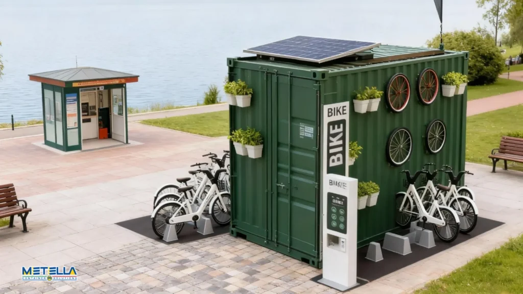 Stazione eBike chiusa internamente con le ricariche per le biciclette fuori e disponibili per i rider