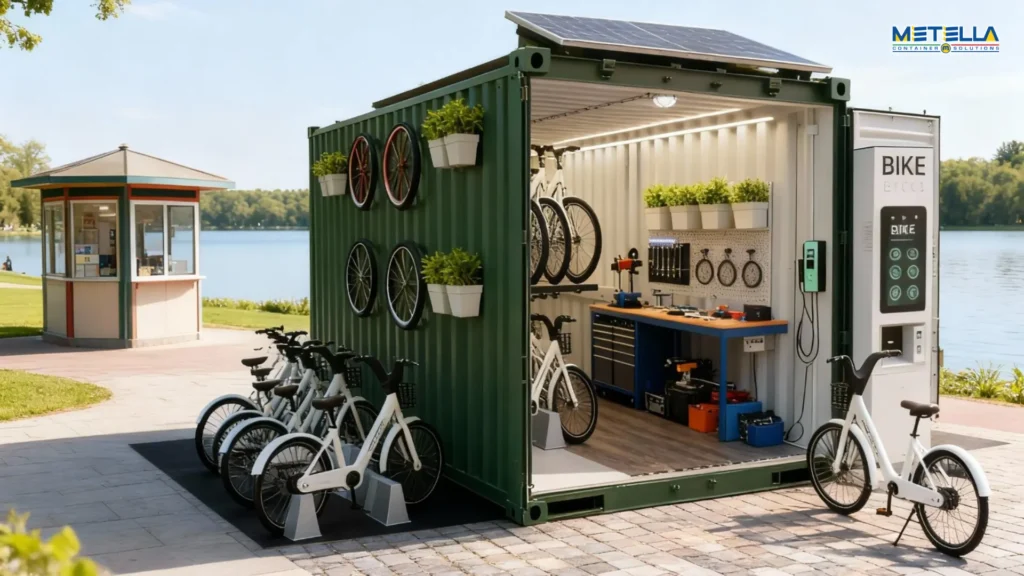 Stazione eBike a fianco della pista ciclabile del lago, comprensiva di zona ricarica e banco per manutenzione