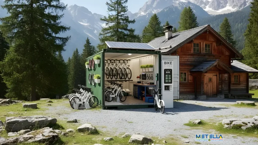 Stazione eBike in spiaggia vicina alla malga e ai sentieri percorribili in bicicletta comprensiva di zona ricarica e banco per manutenzione