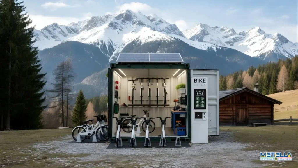 Stazione eBike in montagna vicina al rifugio comprensiva di zona ricarica e banco per manutenzione