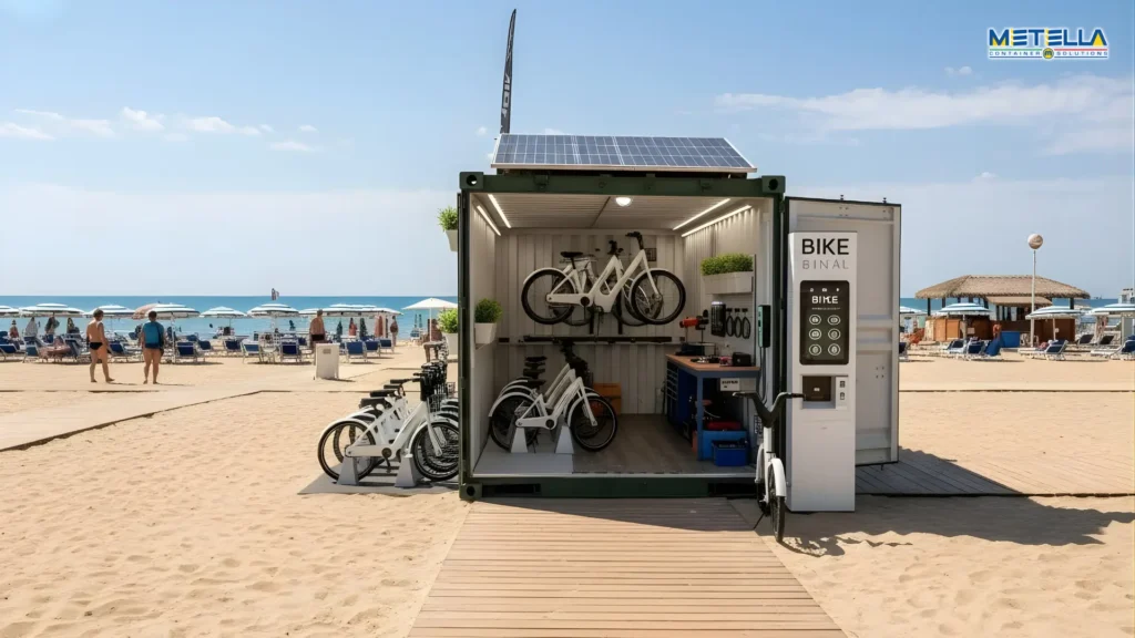 Stazione eBike in spiaggia vicina agli stabilimenti balneari comprensiva di zona ricarica e banco per manutenzione