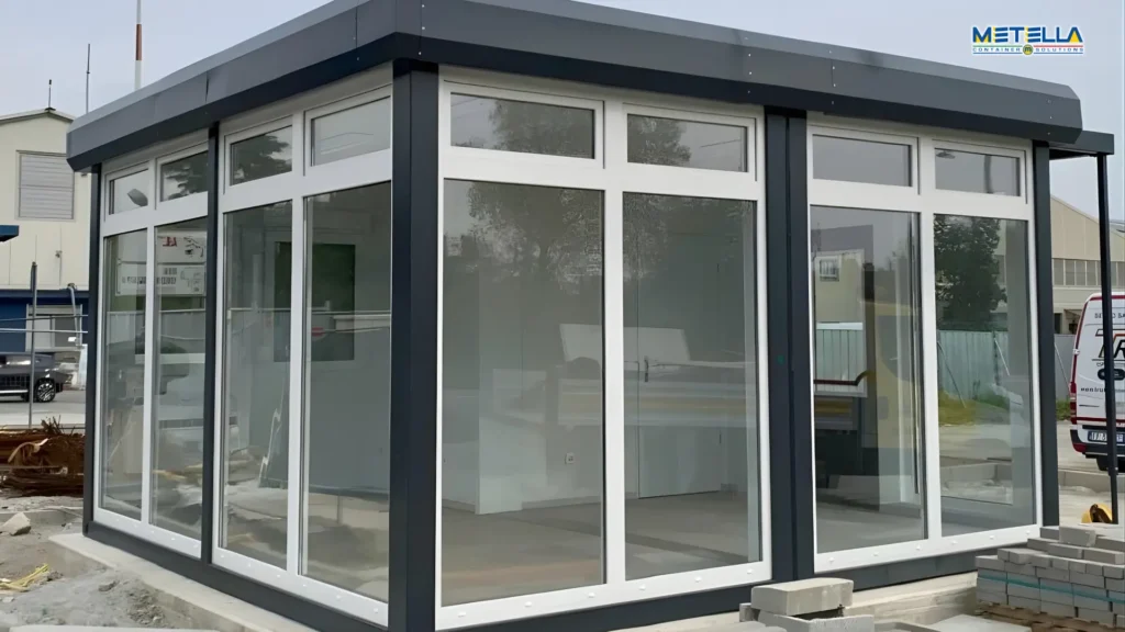 Stazione di servizio vetrata su tre lati con stanza interna ad uso magazzino