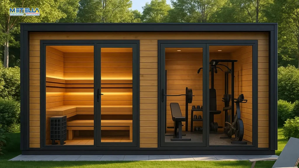 Wellness a due zone comprensive di sauna e palestra con rifiniture grigio antracite e in legno sia interne sia esterne