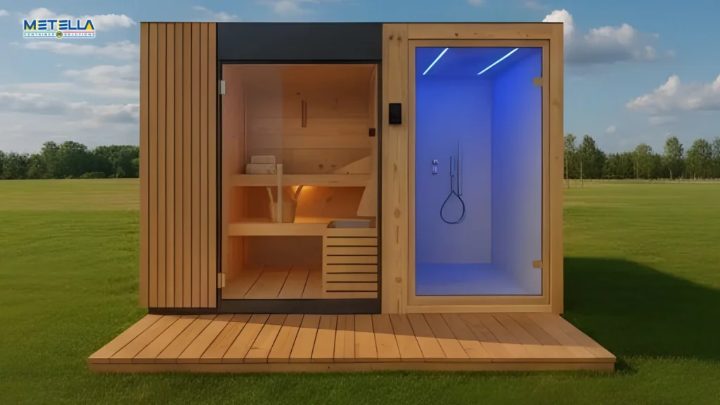 Rendering wellness in giardino con modulo a due zone comprensive di sauna e bagno turco vetrati