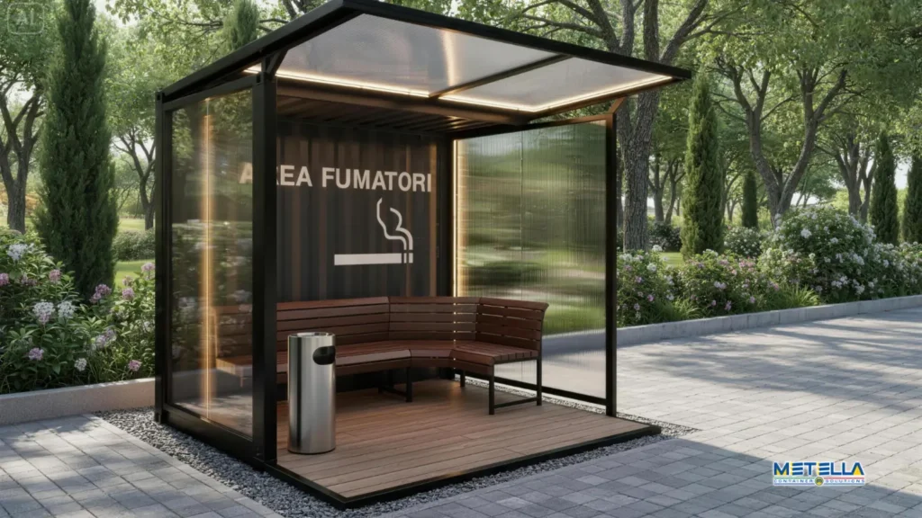 Area fumatori aperta con vetrate oscurate, bidone con posacenere e panchine angolari
