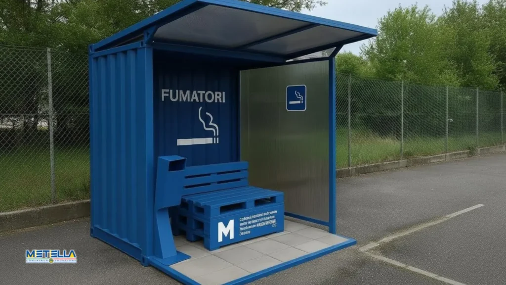 Area fumatori piccola blu con panchina e posa cenere